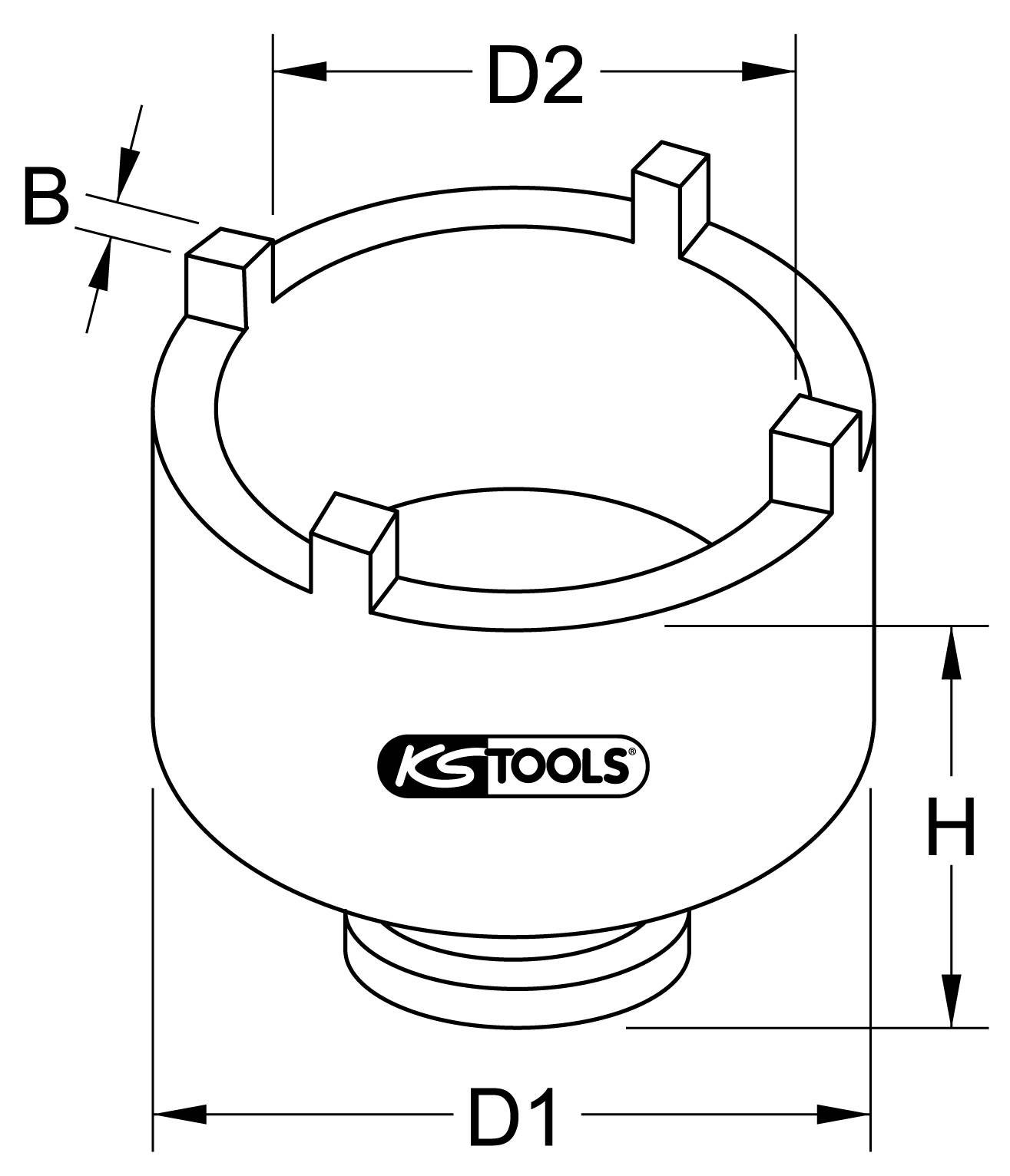 Výkres válcového nástroje se čtyřmi čepy nahoře. Rozměry jsou označeny D1, D2, B a H. Logo KS Tools na přední straně.