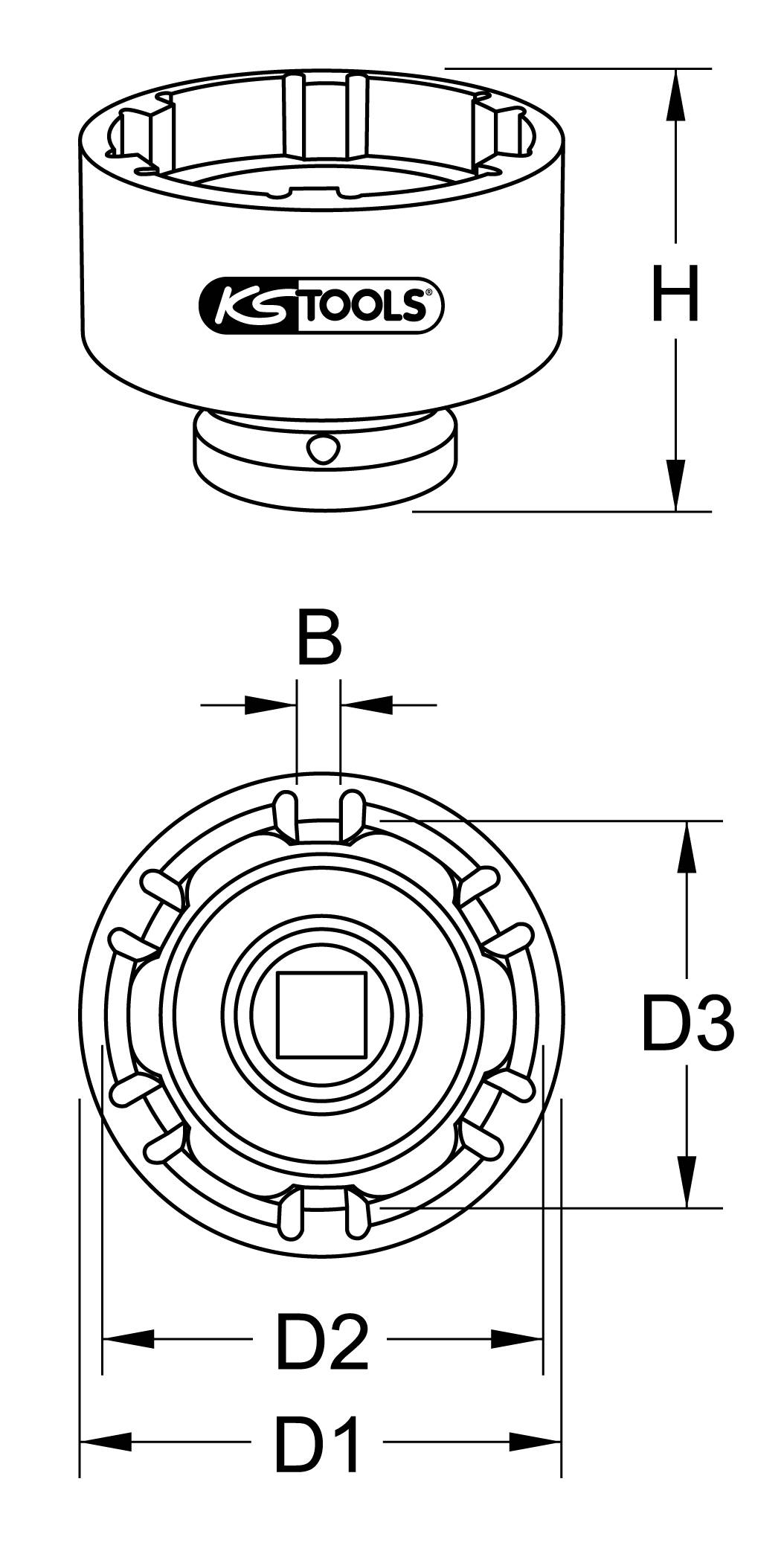 Technický výkres nástroje s rozměry H, B, D1, D2, D3. Nahoře boční pohled, dole pohled shora. Logo KS Tools.