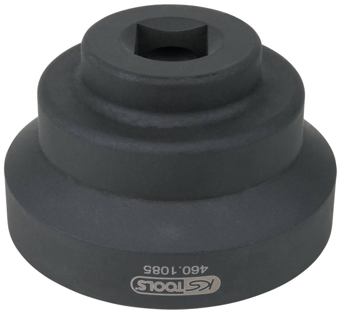 Na obrázku je černý, kulatý nástavec na klíč od společnosti KS Tools, model 460.1085, vyrobený z kovu s několika stupni.