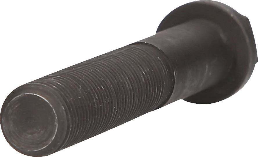 Šroub s maticí a šestihrannou hlavou, černý, na bílém pozadí. Primárně používaný pro mechanické upevnění.