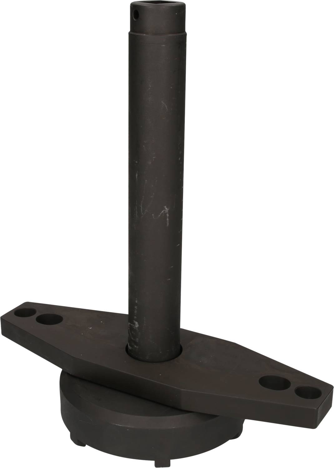Černý kovový nástroj s válcovým držadlem a obdélníkovou základnou, pravděpodobně určený pro technické nebo mechanické použití.