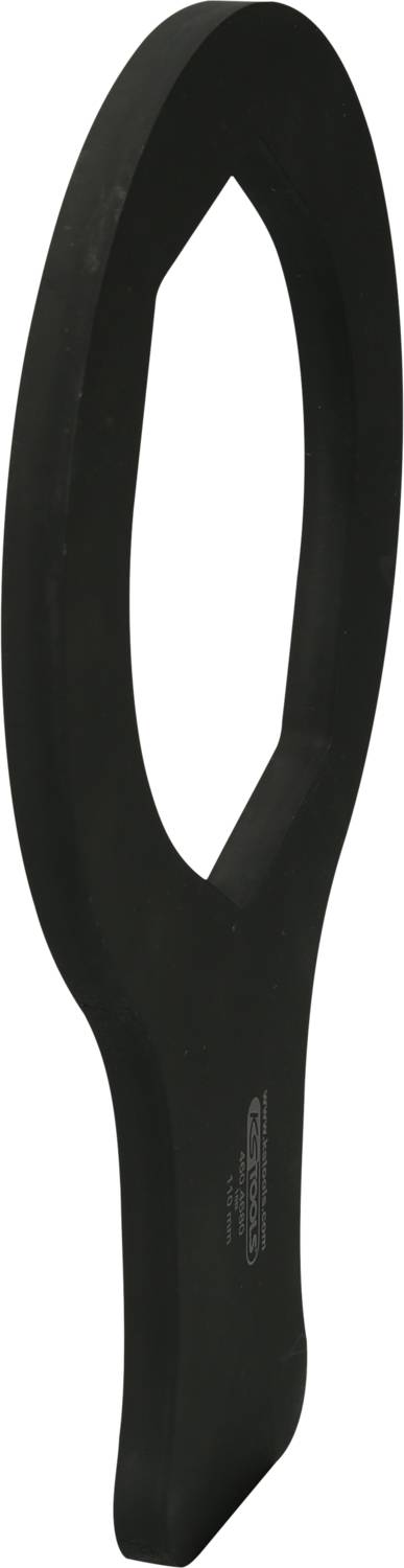 Černý ocelový klíč s oválným otvorem a ergonomickým designem rukojeti.