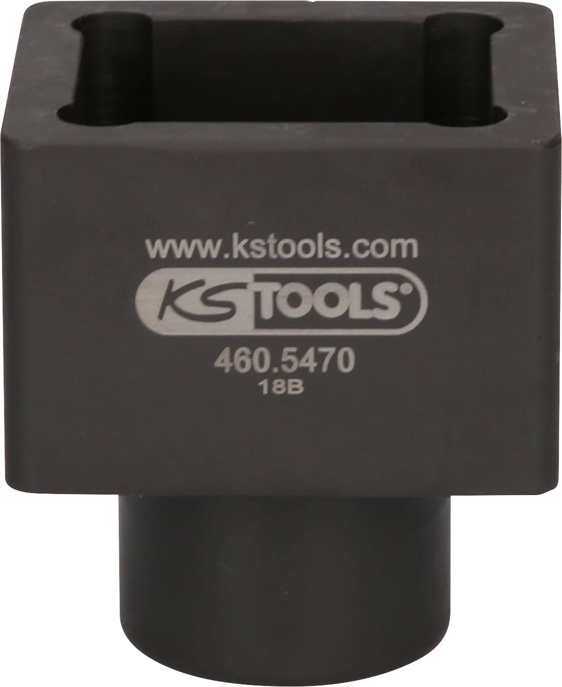 Černý adaptér KS Tools s čtvercovým otvorem a webovou adresou 'www.kstools.com'. Číslo modelu 460.5470.