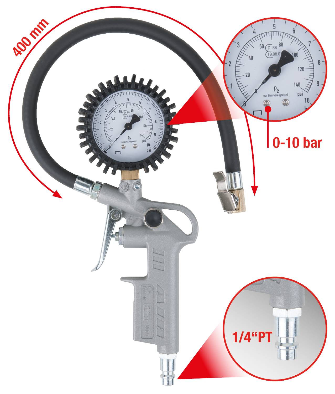Přístroj pro měření tlaku vzduchu s manometrem 0-10 bar, délka hadice 400 mm, přípoje 1/4" PT.