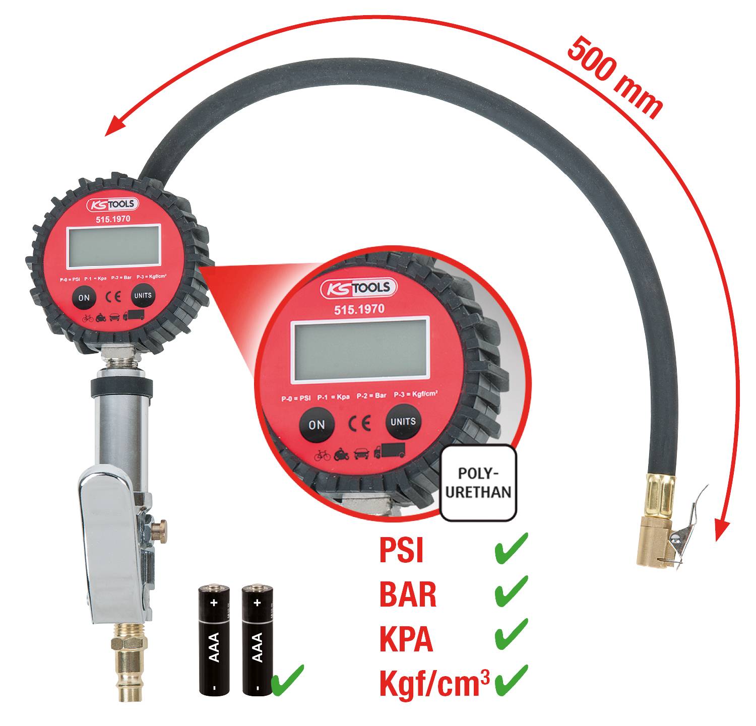 'KS Tools digitální měřič huštění pneumatik s 500 mm hadicí, měří v PSI, BAR, KPa a Kgf/cm², včetně dvou baterií AAA.'