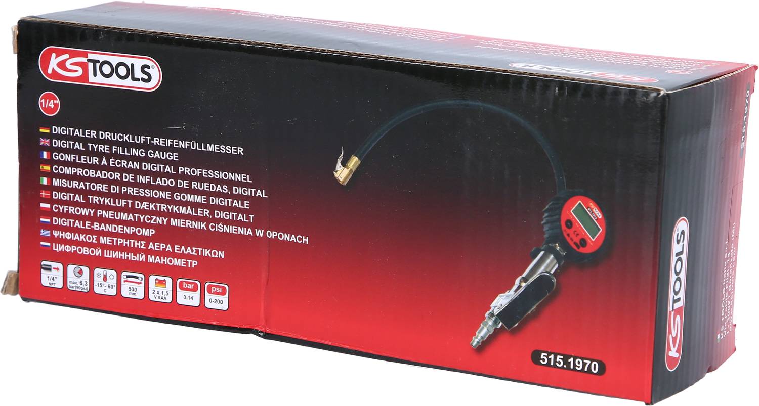 Balení digitálního plnicího tlakoměru pneumatik od KS Tools, modelové číslo 515.1970, s obrázkem produktu.