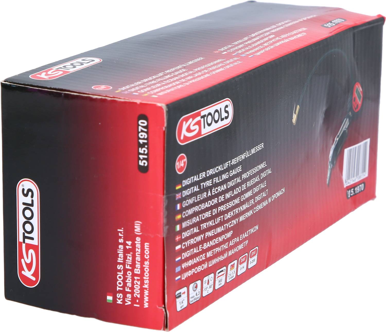Balení digitálního přístroje pro doplňování tlaku v pneumatikách od KS Tools. Obsahuje technické informace a vyobrazení produktu.