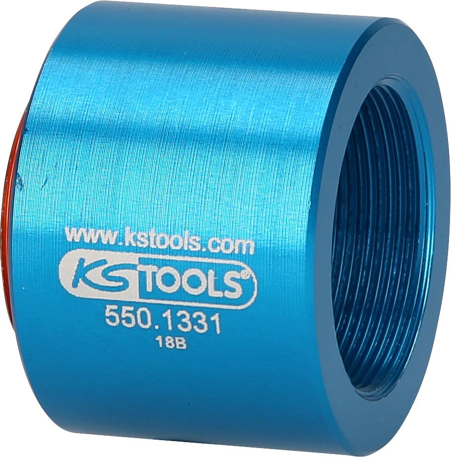 Modrý, válcovitý adaptér nástroje s nápisem 'KS Tools 550.1331 18B' a webovou stránkou 'www.kstools.com'.