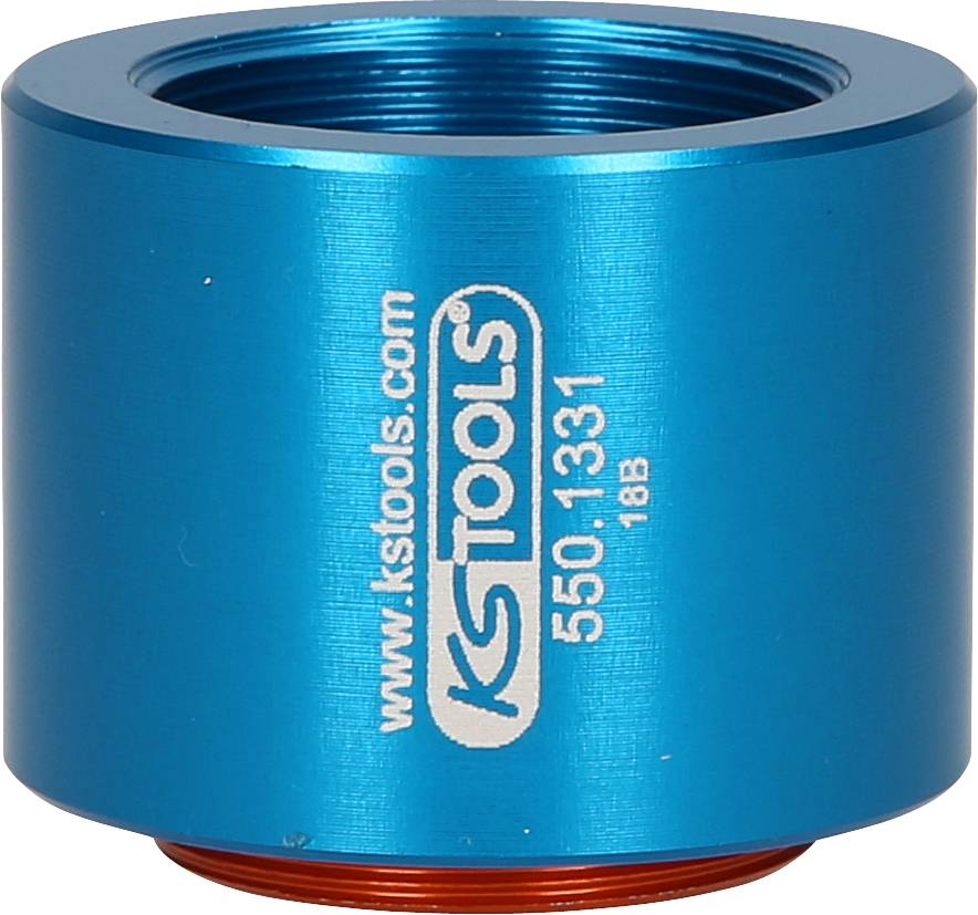 Modrý válcový adaptér s nápisem 'www.kstools.com KS TOOLS 550.1331'. Dílenský nástroj.