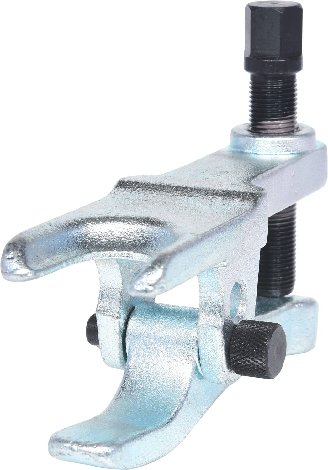 Stříbrný kovový stahovák s šroubovým mechanismem určený k oddělování kulových kloubů v mechanických aplikacích.