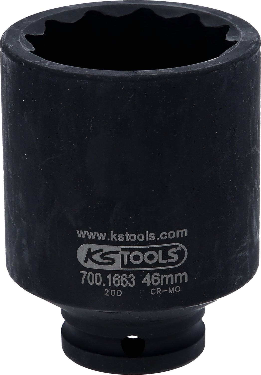 Průmyslová nástrčná hlavice, černá, s nápisem 'KS Tools', velikost 46 mm. Používá se pro těžké strojní práce.