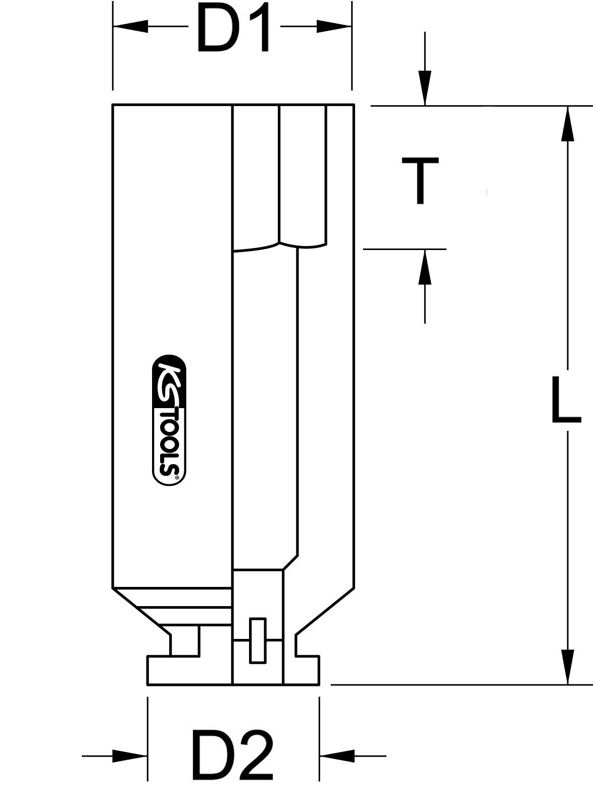 Technický výkres nástroje s firemní značkou 'KS Tools'. Rozměry D1, D2, L a T jsou vyznačeny.