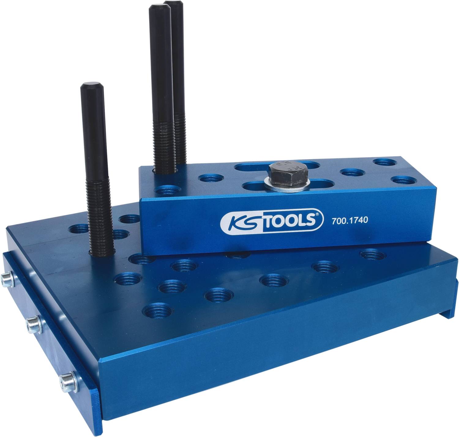 Modrý nástroj od KS Tools s několika otvory, dvěma závitovými tyčemi a centrálním čepem. Číslo modelu: 700.1740.