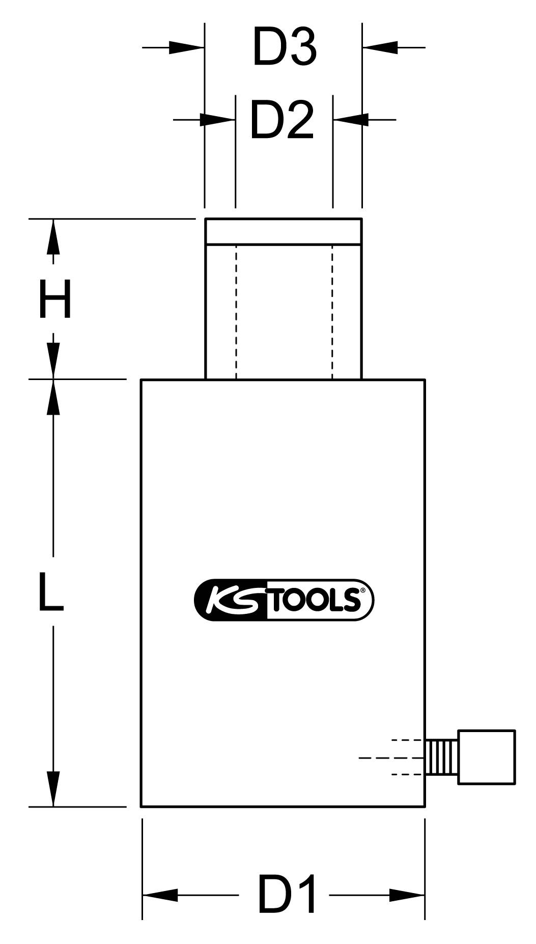Schéma nástroje od KS Tools s vyznačením rozměrů D1, D2, D3, H a L.