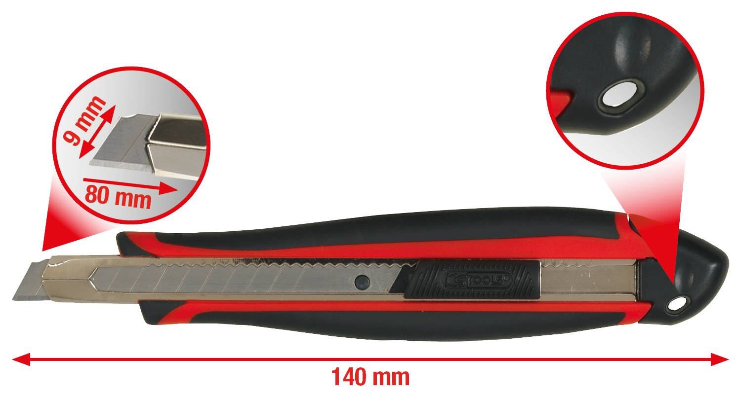 Zobrazení řezacího nože s 9mm čepelí a délkou 140 mm. Detailní pohled na čepel a povrch rukojeti s červeným designem.