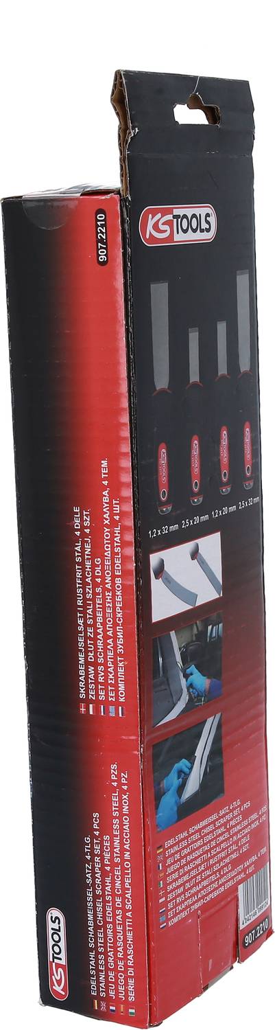 Obal sady nářadí od KS Tools, zobrazený s pěti různými nástroji. Hlavní barvy jsou červená a černá.