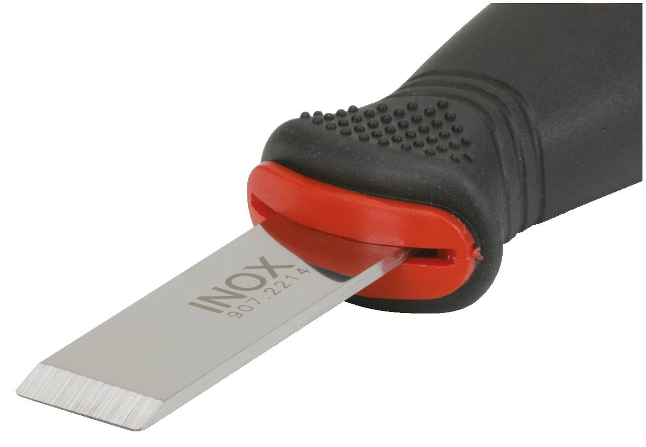 Malý obdélníkový nůž s černou vroubkovanou rukojetí a červenou ochrannou záštitou. Na čepeli je napsáno 'INOX'.