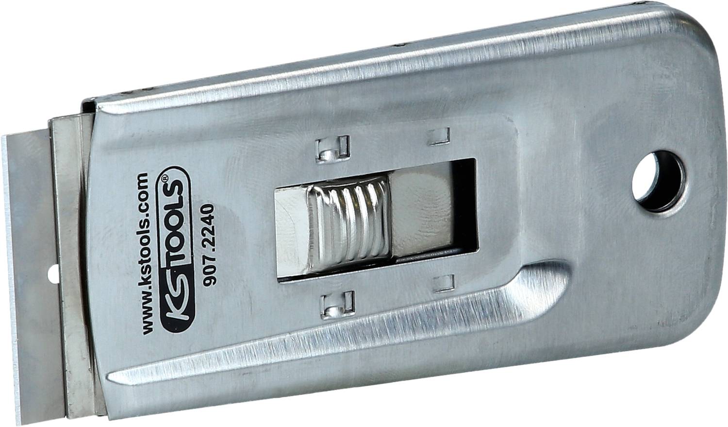 Kovový škrabka s čepelí od KS Tools, vhodný pro odstraňování nálepek a zbytků lepidla z hladkých povrchů.