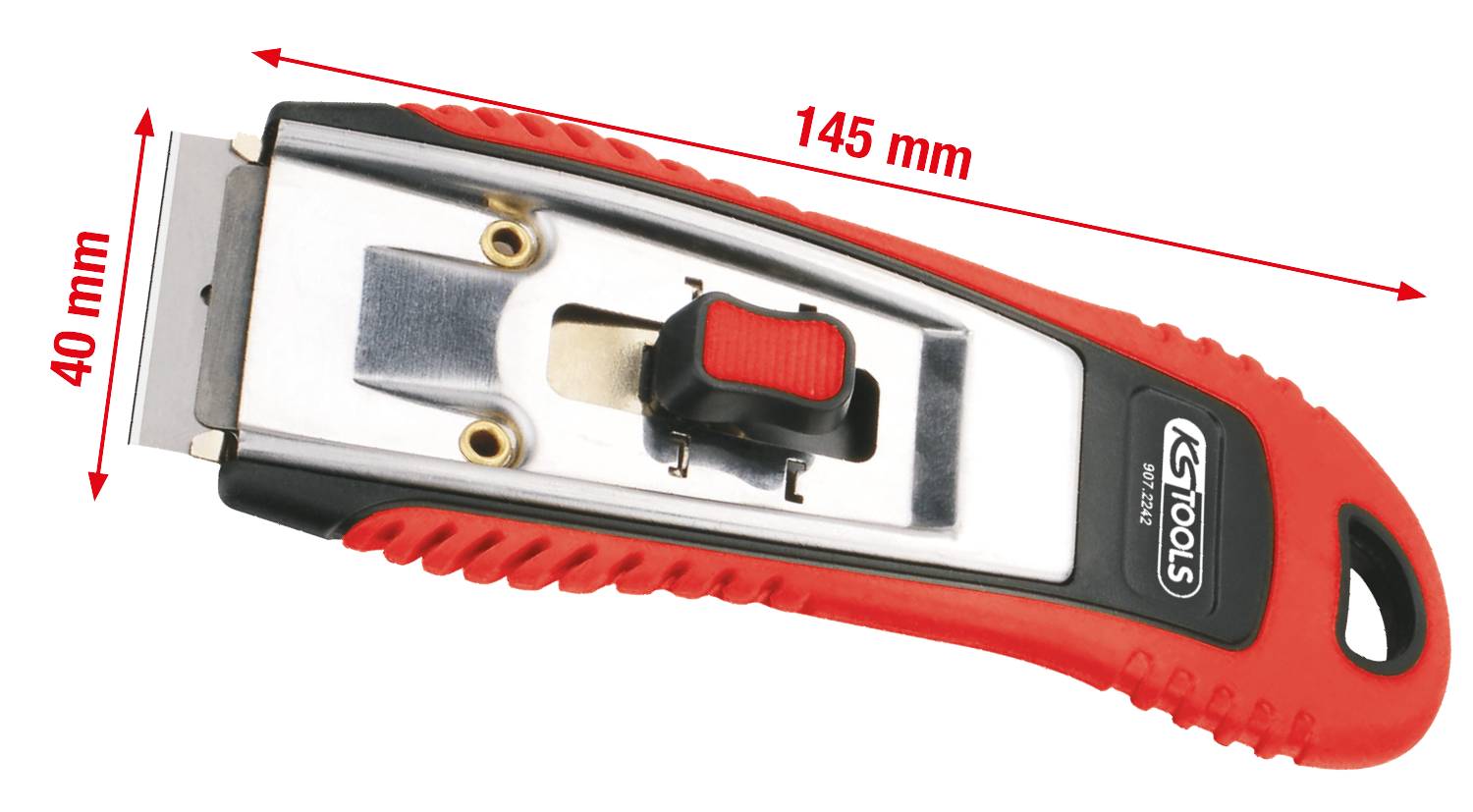 Červený universální nůž s černou a stříbrnou rukojetí, s ostrou výsuvnou čepelí. Rozměry: 145 mm délka, 40 mm šířka.