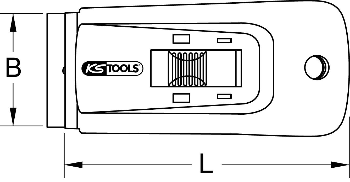 Černobílý nákres nástroje značky KS TOOLS s vyznačenými rozměry 'B' a 'L'.