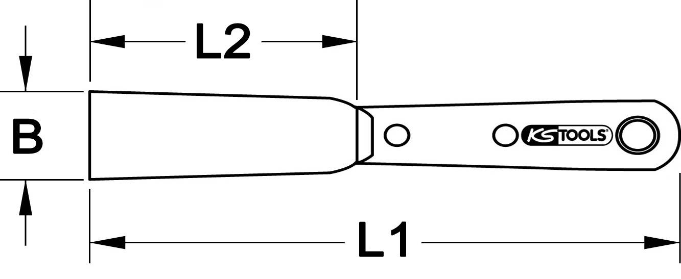 Diagram stěrky se zvýrazněnými rozměry L1, L2 a B, opatřený logem KS Tools na rukojeti.