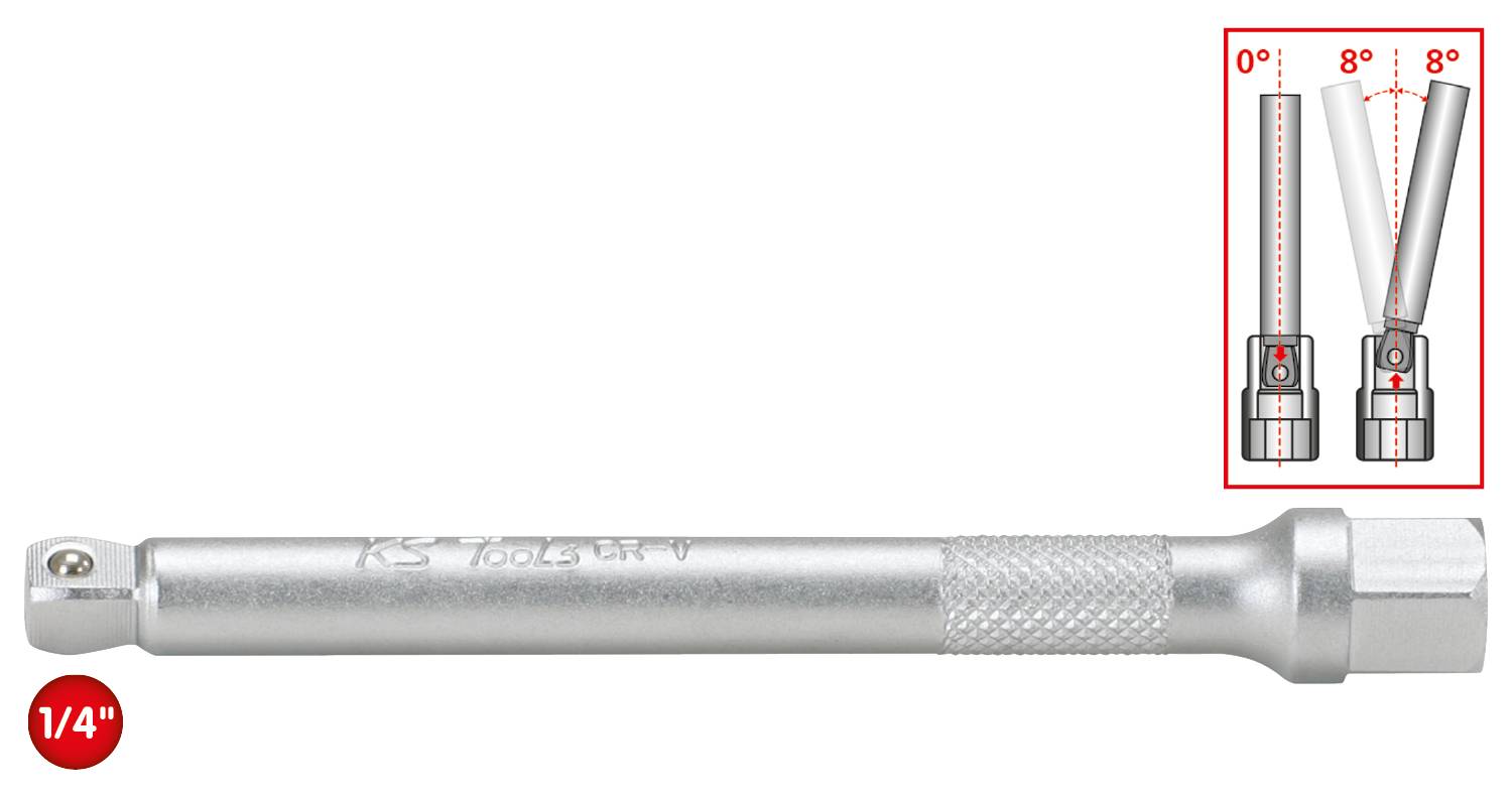 Stříbrná prodlužovací tyč s 1/4palcovým připojením pro ráčnu; zobrazuje flexibilitu úhlu od 0° do 8° v detailním vyobrazení.
