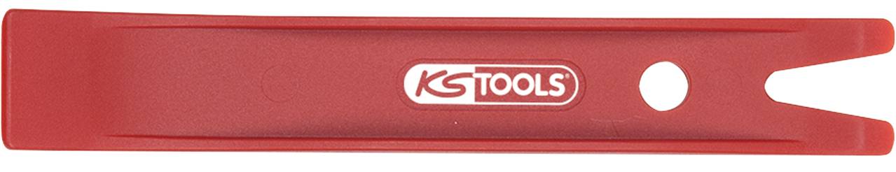 Červený plastový nástroj pro demontáž čalounění. Označený štítkem 'KG Tools'.
