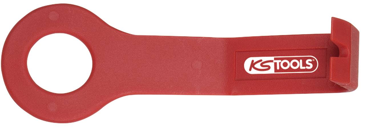 Červený plastový nástroj s otvorem na jednom konci a hákem na druhém konci, na němž je nápis 'KS Tools'.