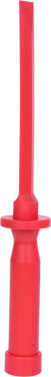 Červený plastový úchyt s dlouhým, úzkým, obdélníkovitým kolíkem nahoře.
