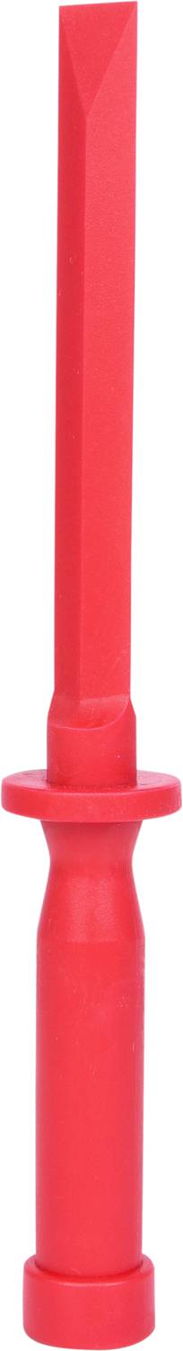 Červený plastový zkušební kolík nebo vzorek pro elektronické aplikace, protáhlého tvaru se zúženým koncem.