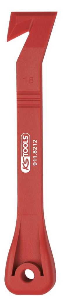 Červený plastový klín s ohnutým koncem a logem KT-Tools, používaný k odstraňování obložení nebo spon v automobilech.
