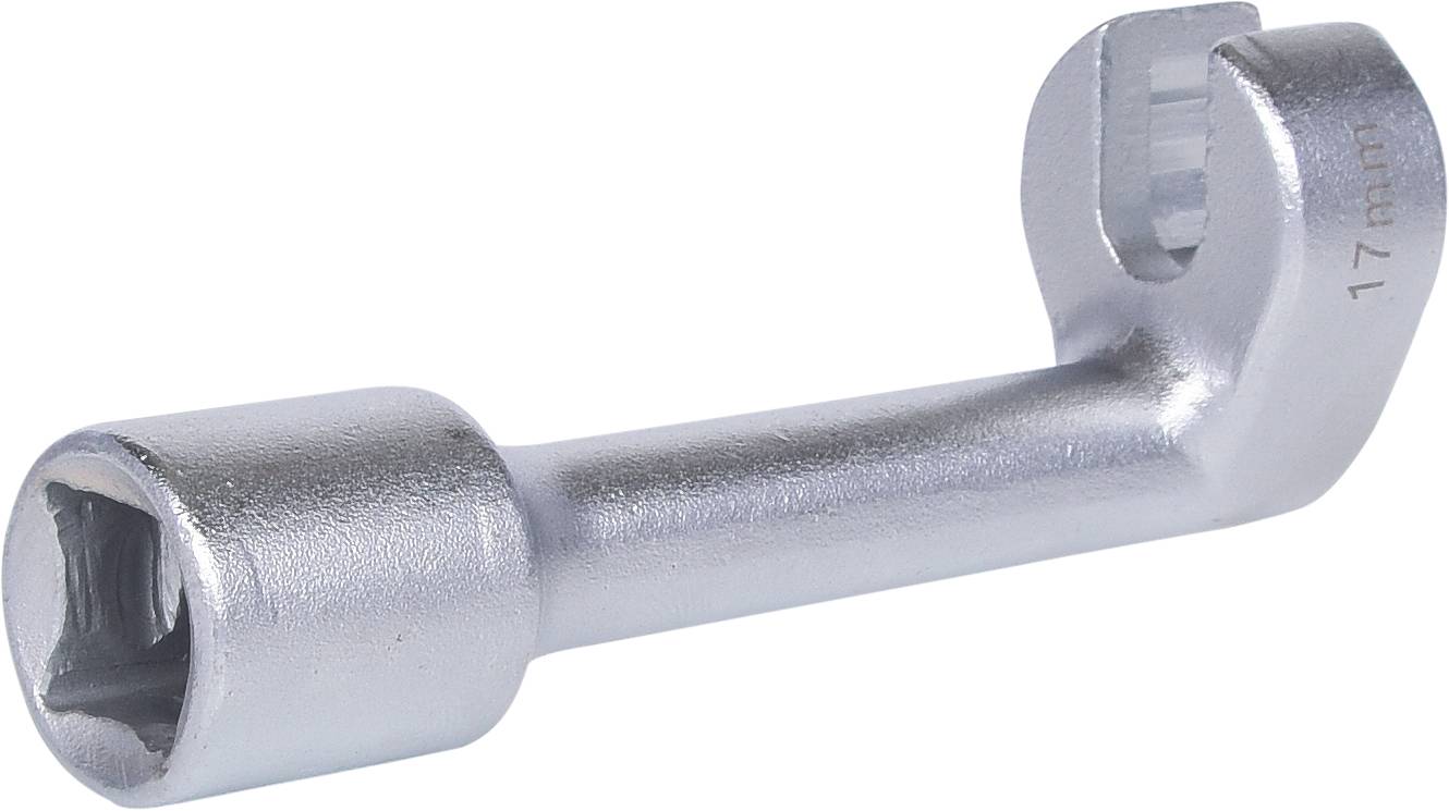 Stříbrný speciální klíč o velikosti 17 mm s obdélníkovitou hlavou a otevřeným štěrbinou na druhém konci, vhodný pro speciální šroubovací práce.