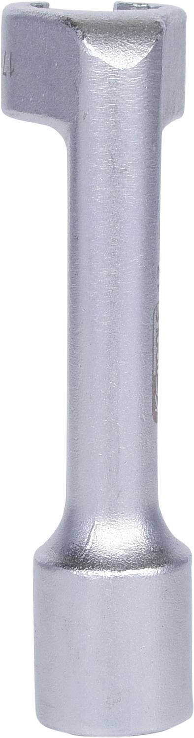 Kovový klíč s lesklým povrchovým zpracováním, vhodný pro mechanické práce. Zobrazený vertikálně s T-formou na jednom konci.