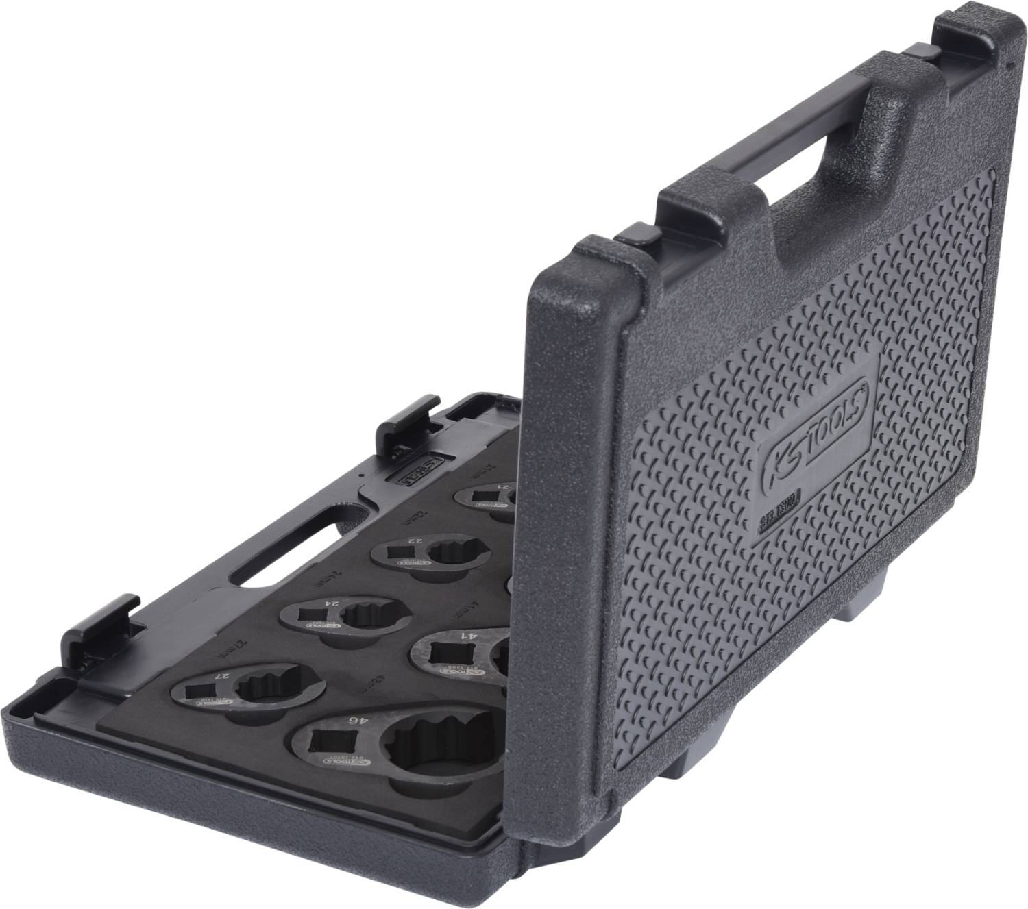 Plastový kufřík s otevřeným víkem obsahuje různé nástrčné klíče, které jsou uspořádány v tvarovaných držácích.