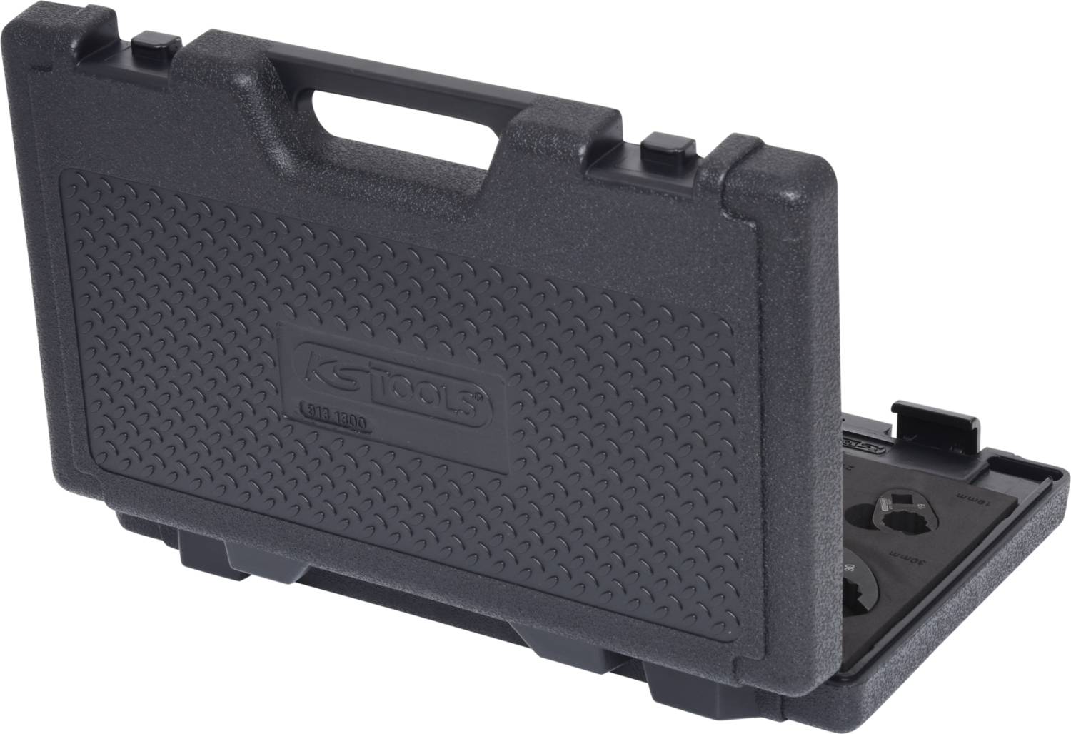 Černý plastový kufřík s rukojetí, otevřený. Obsahuje vložky na nářadí, označené štítkem 'KS Tools'. Ideální pro uchovávání nářadí.
