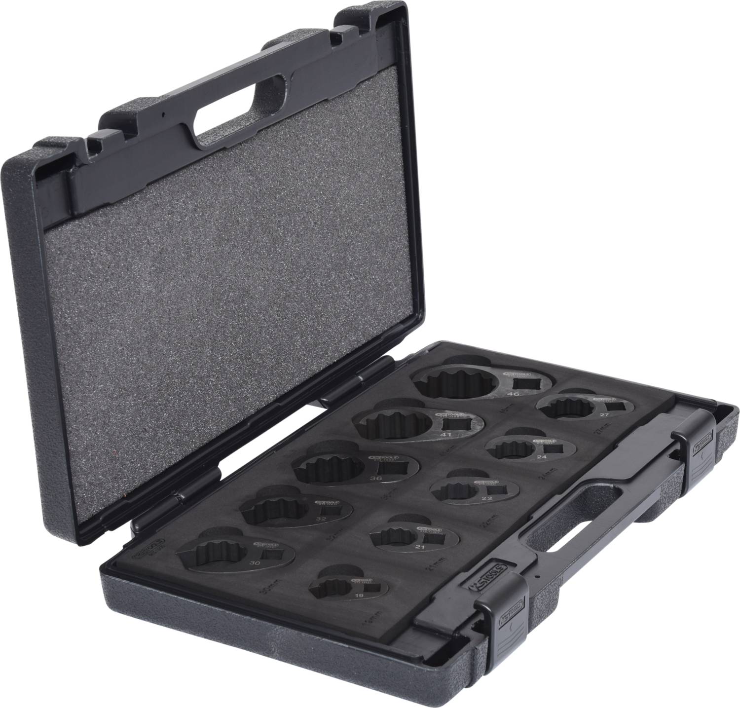 Otevřený černý plastový kufřík s 10 tvarovanými přihrádkami pro uložení nářadí.