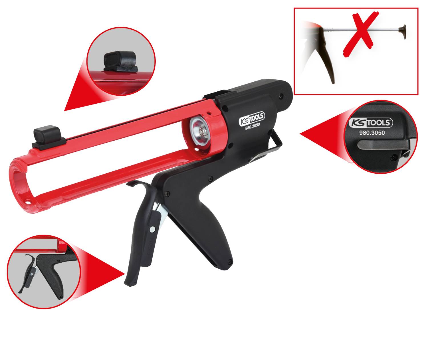 Výtlačná pistole od KS Tools v červené a černé barvě, design pro snadné utěsnění; jedna tryska je zvýrazněna spolu s modelem '980.3050'.