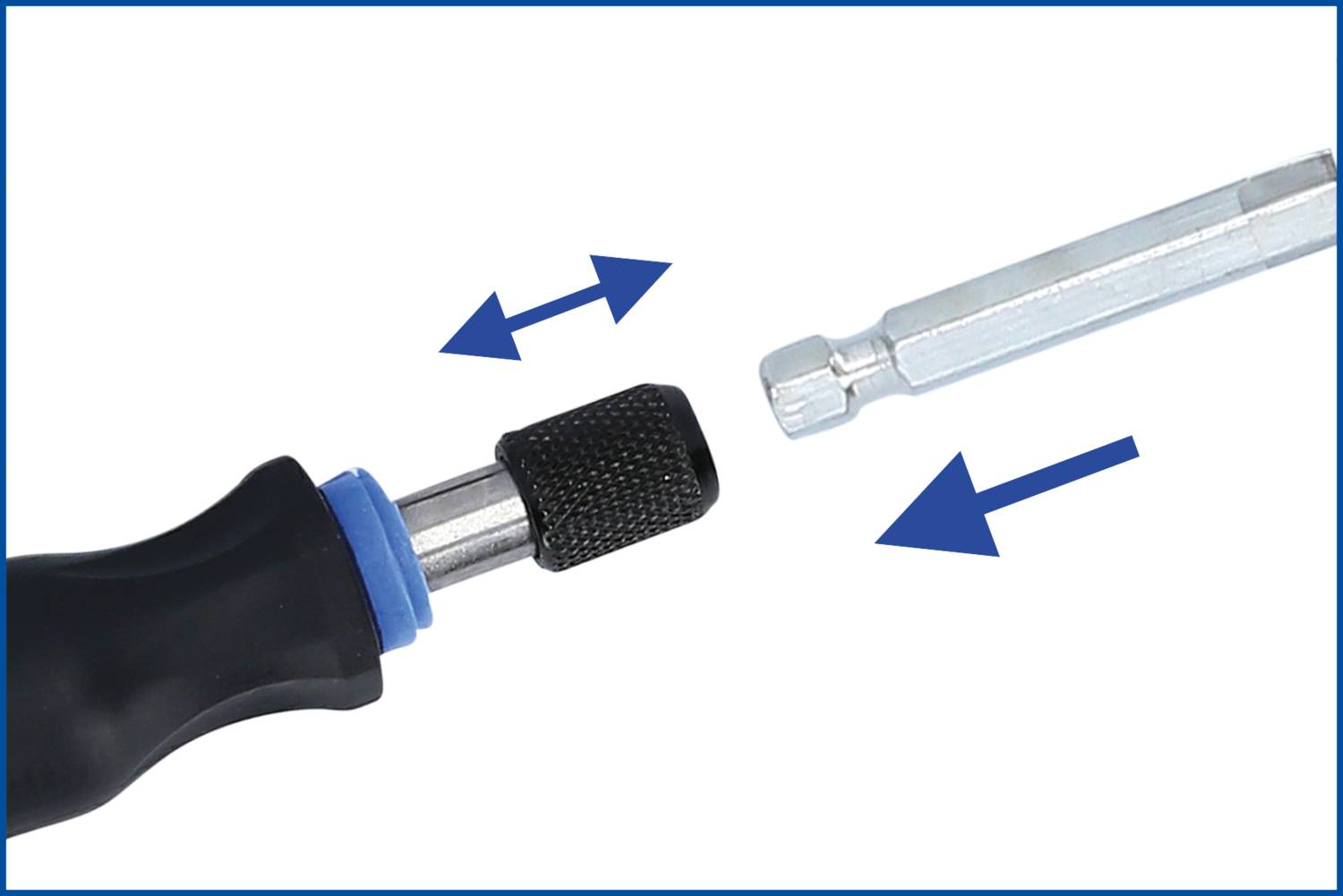 Šroubovák s rukojatí vlevo a odnímatelným bitem vpravo. Šipky ukazují směr připojení.