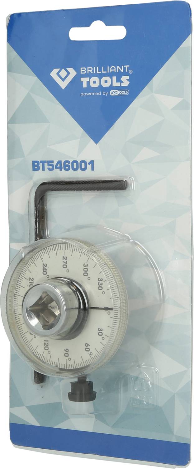 Úhloměr s ukazatelem od 0 do 360 stupňů v balení od "Brilliant Tools", katalogové číslo BT546001, s inbusovým klíčem.