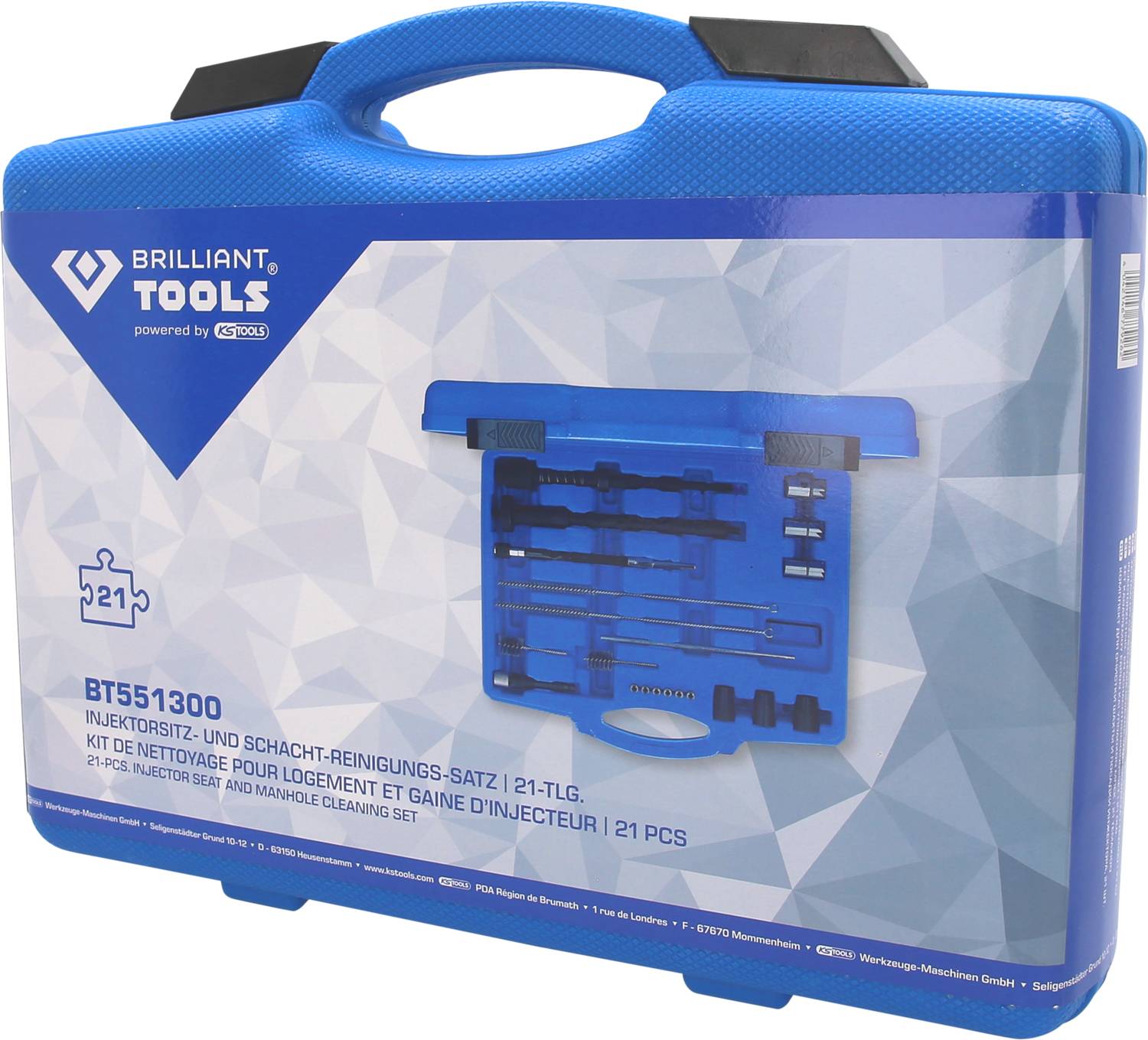 Modrý kufřík s nápisem 'Brilliant Tools' obsahuje 21dílnou sadu pro čištění vstřikovačů a šachet, zobrazenou na víku.