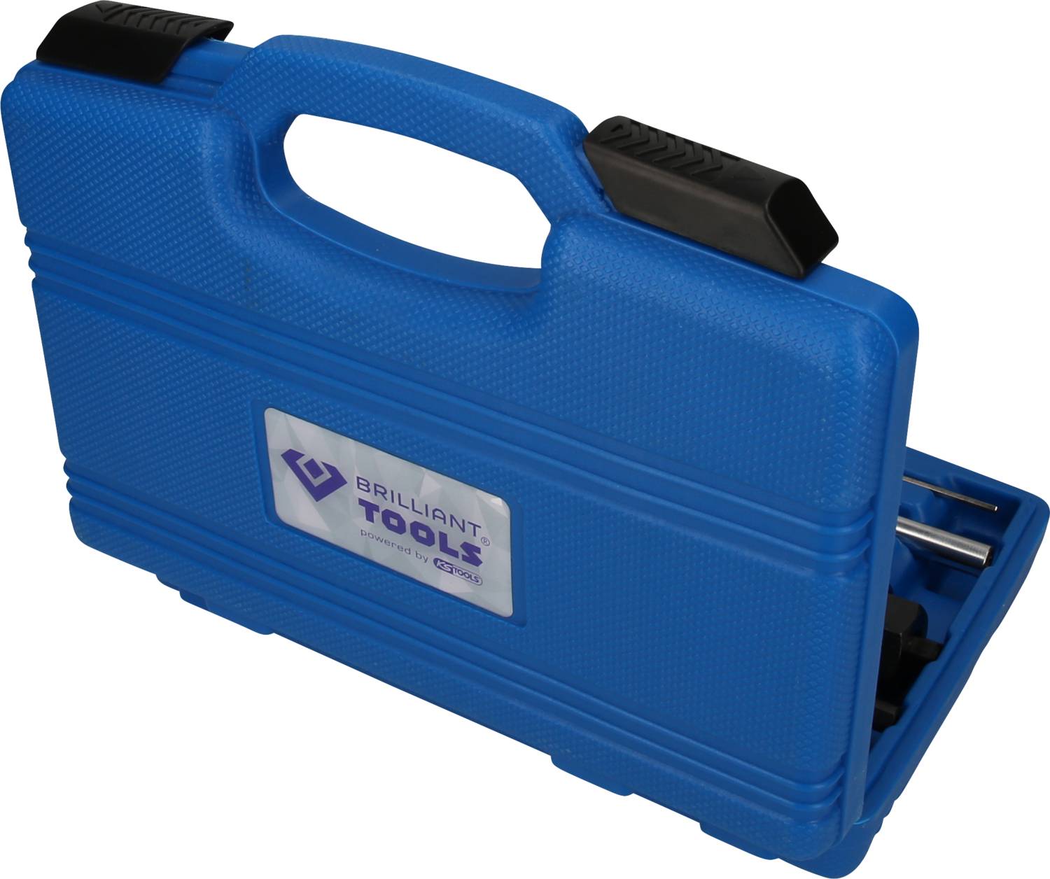 Modrý kufřík s nářadím s rukojetí, lehce otevřený, zobrazující části nářadí. Štítek s nápisem 'Brilliant Tools'.