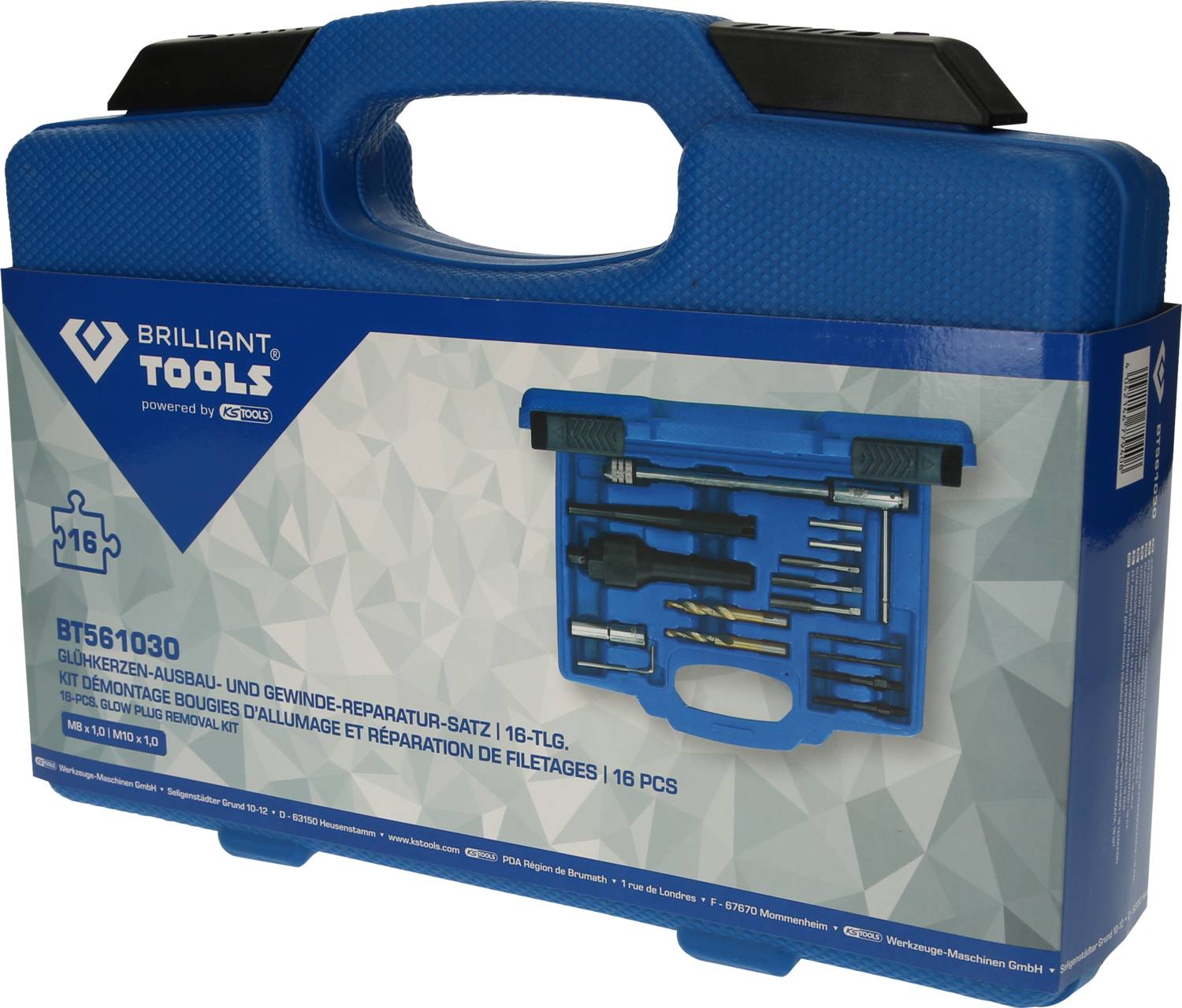 Modrý kufřík na nářadí s nápisem 'Brilliant Tools'. Obsahuje sadu pro demontáž zapalovacích svíček a opravu závitů, 16dílnou.