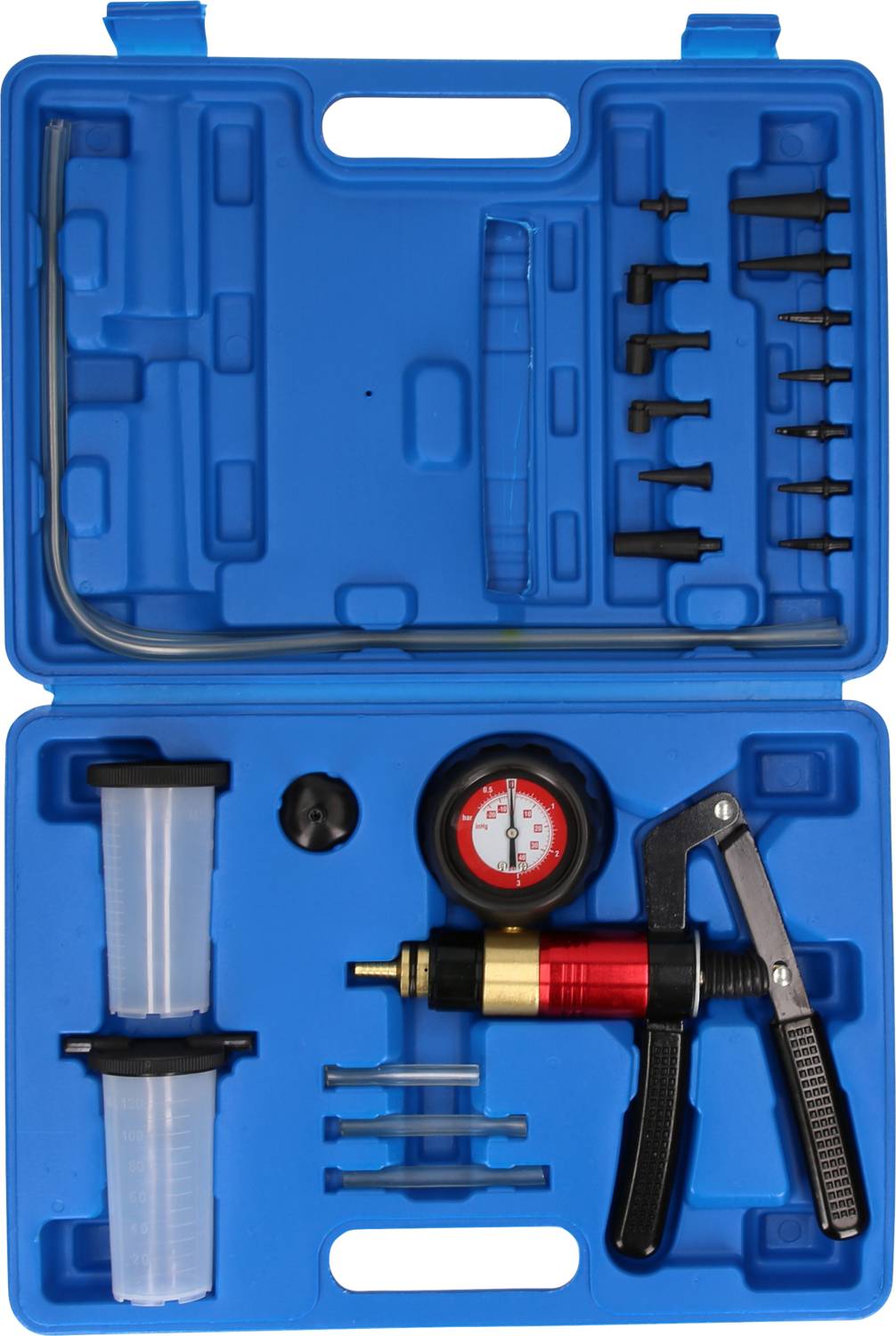 Modrý kufřík s nářadím obsahující vakuové čerpadlo, manometr a různé příslušenství. Příslušenství zahrnuje adaptéry a hadice.