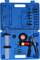 Modrý kufřík s nářadím obsahující vakuové čerpadlo, manometr a různé příslušenství. Příslušenství zahrnuje adaptéry a hadice.