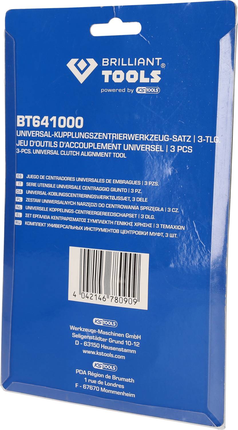 'BT641000 Univerzální sada centrovacích nástrojů pro spojky, 3-dílná.' Balení od Brilliant Tools, modré, s čárovým kódem a několika jazykovými mutacemi.