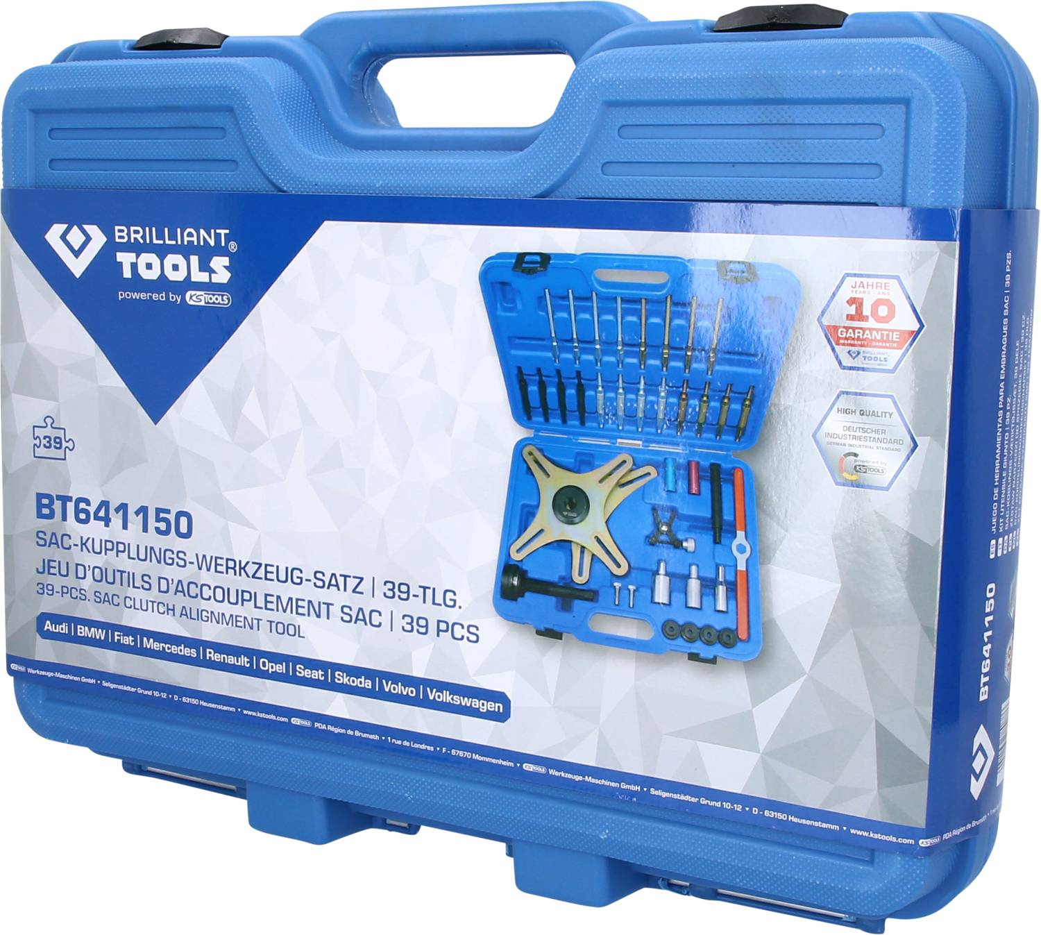 Modrý kufřík na nářadí od Brilliant Tools s 39dílnou sadou nástrojů pro SAC spojky. Obsahuje záruční pečeť a obrázek obsahu.