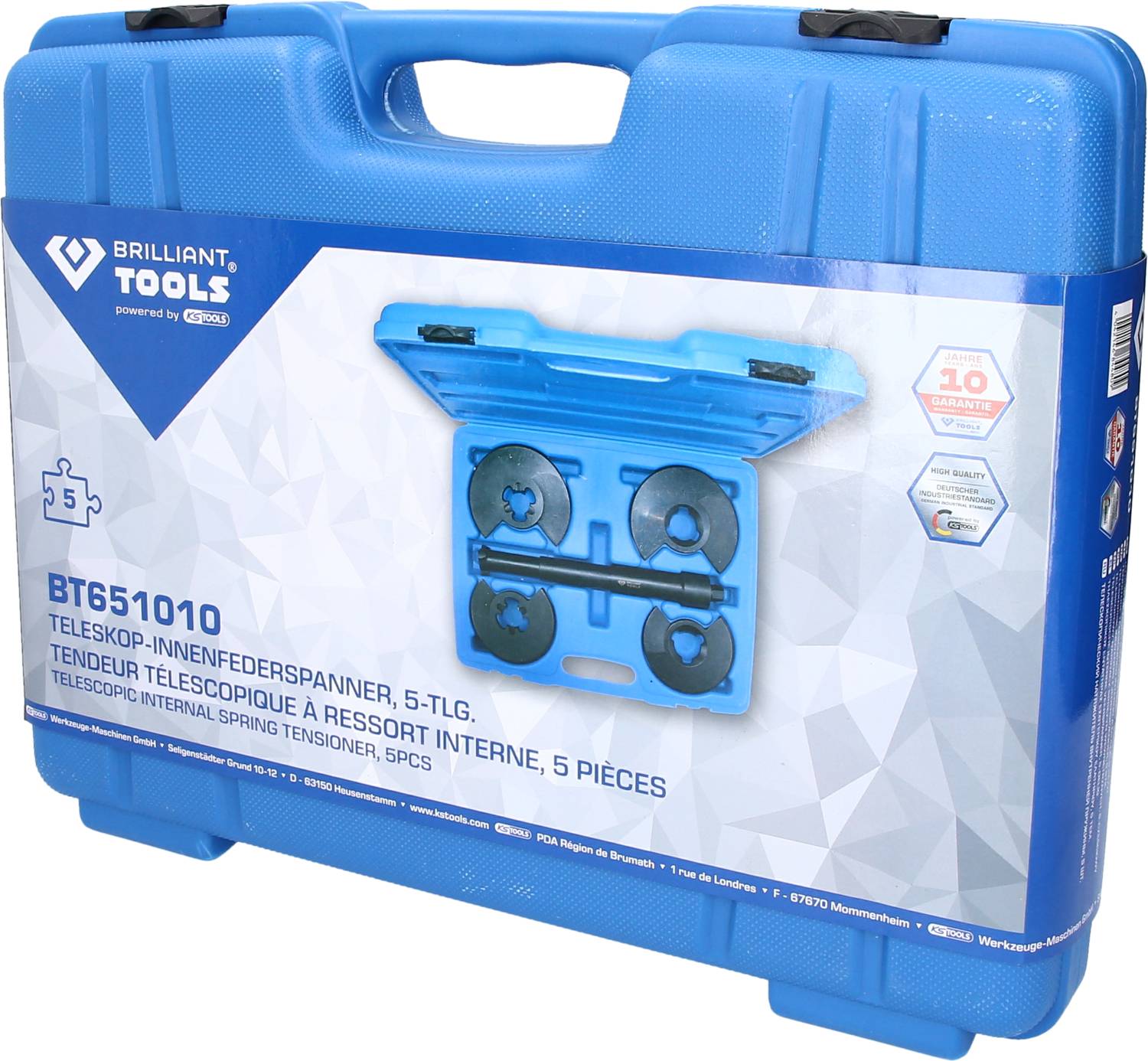 Modrý kufřík na nářadí od Brilliant Tools, model BT651010, s teleskopickými vnitřními pružinovými svorkami. Obsahuje 5 dílů.