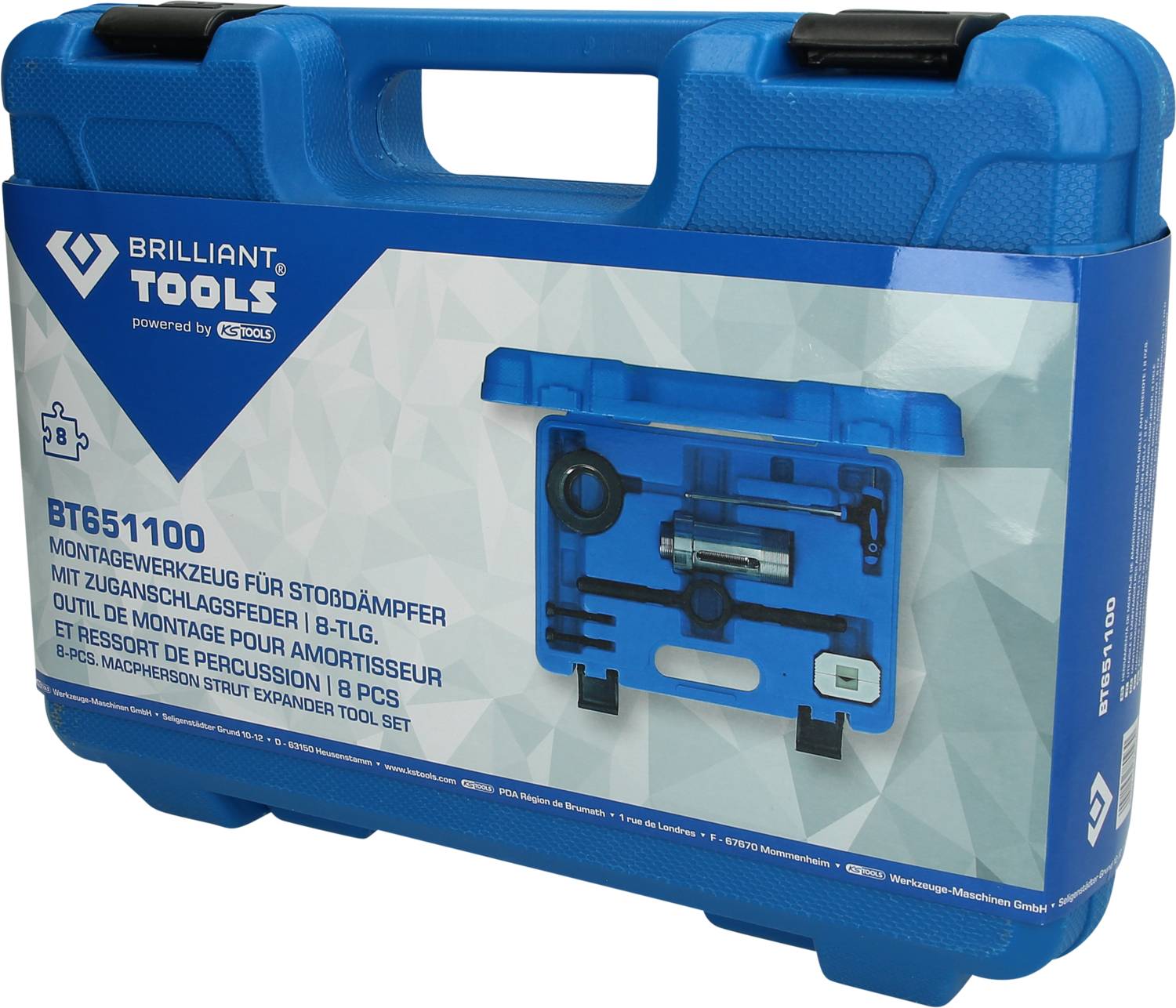 Modrý kufřík s montážním nářadím tlumičů a nápisem: 'Brilliant Tools, BT651100, 8dílná sada'.
