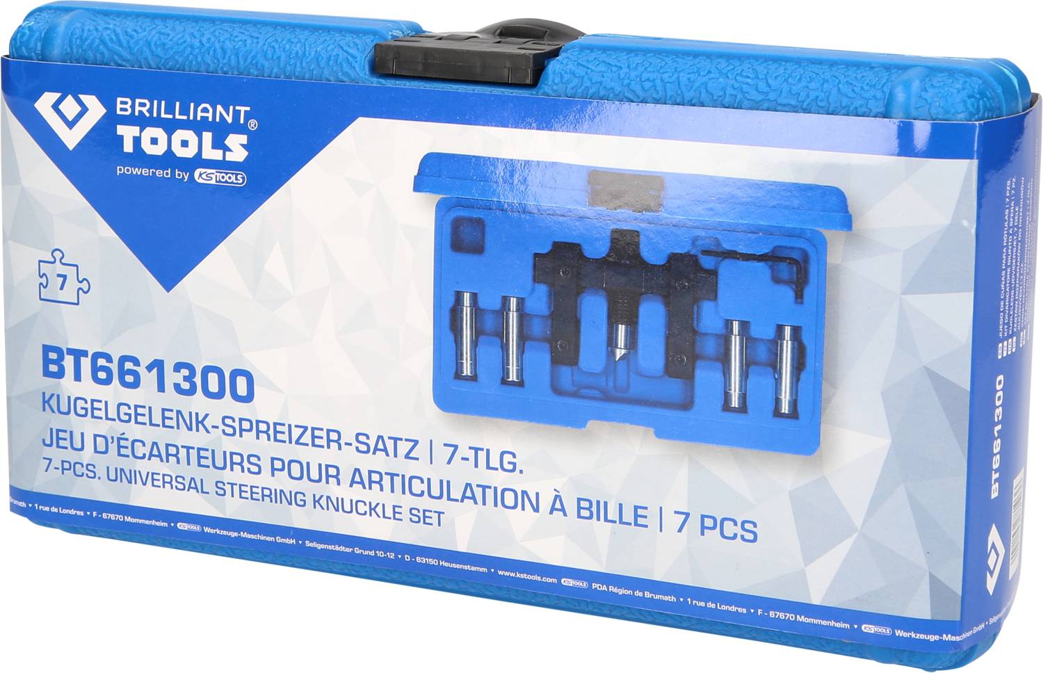 Kufřík obsahuje 7dílnou sadu kloubových rozpajovaček od značky Brilliant Tools. Nápis: 'Univerzální sada na řízení a čepy'