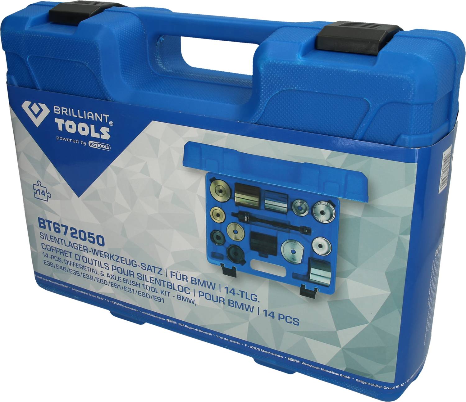 Modrý kufřík s nápisem 'Brilliant Tools'. Obsahuje 14dílnou sadu nástrojů pro silentbloky určenou pro BMW.